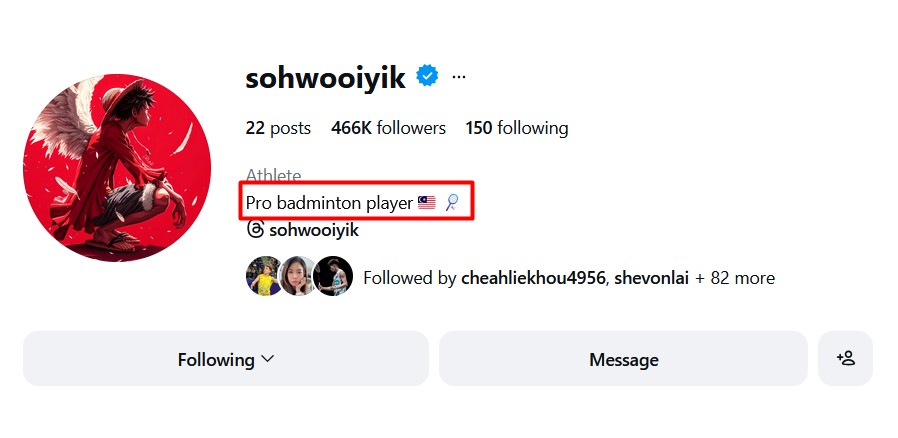 소우익의 IG에서 그의 근황이 드러났다. "프로 배드민턴 선수 🇲🇾 🏸". (사진=소우이익 IG)